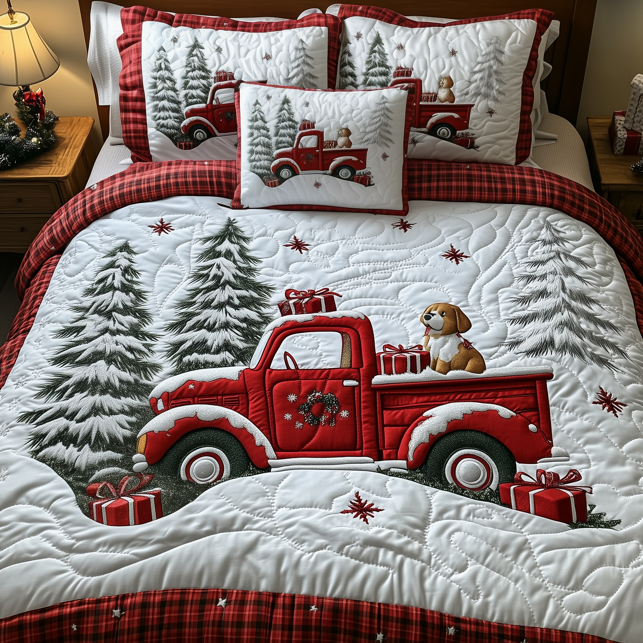 A Christmas Dog Ride Quilted Bedding Set Room Decoration Items Gift Ideas For Mom - Tradiviet