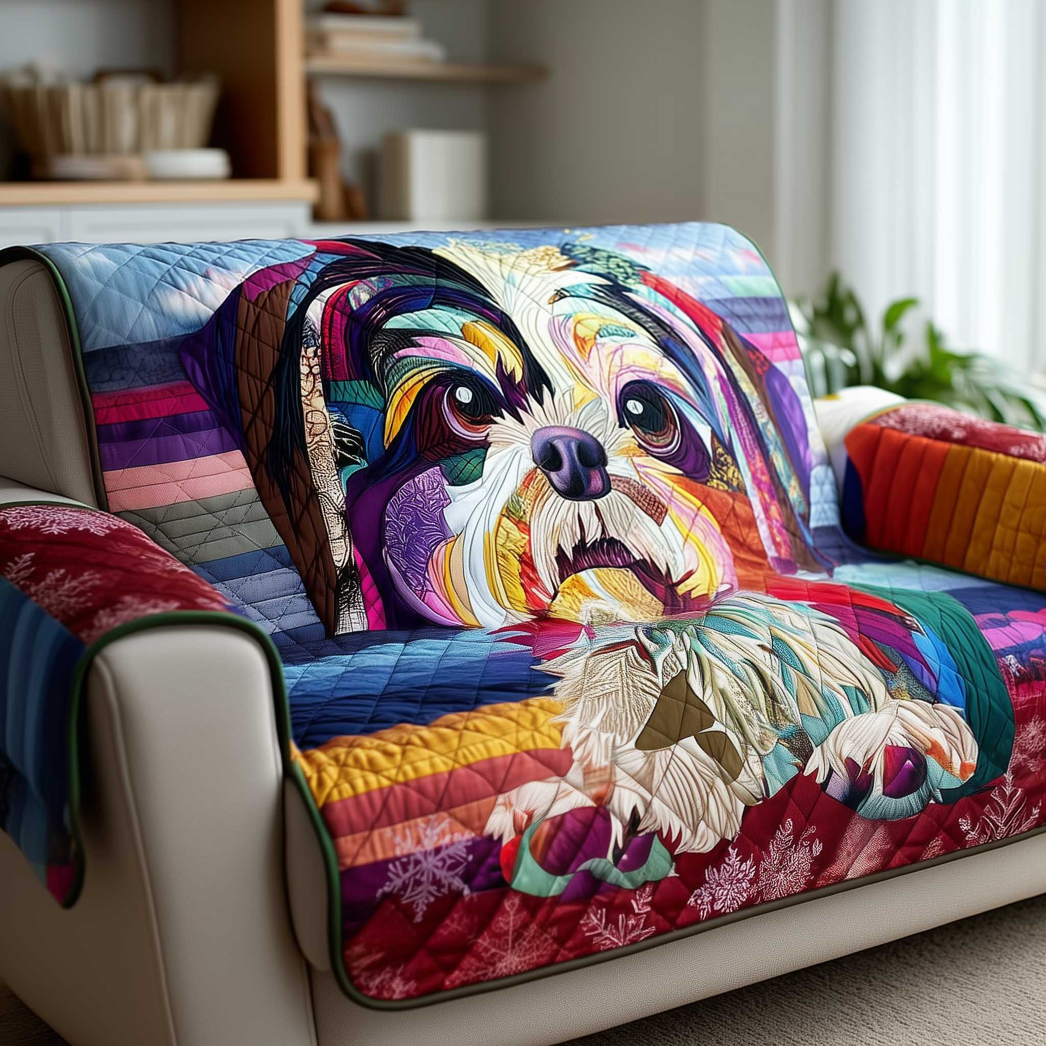 Abstract Dog Patchwork Quilted Sofa Cover Dog Lover Patchwork Sofa Decor