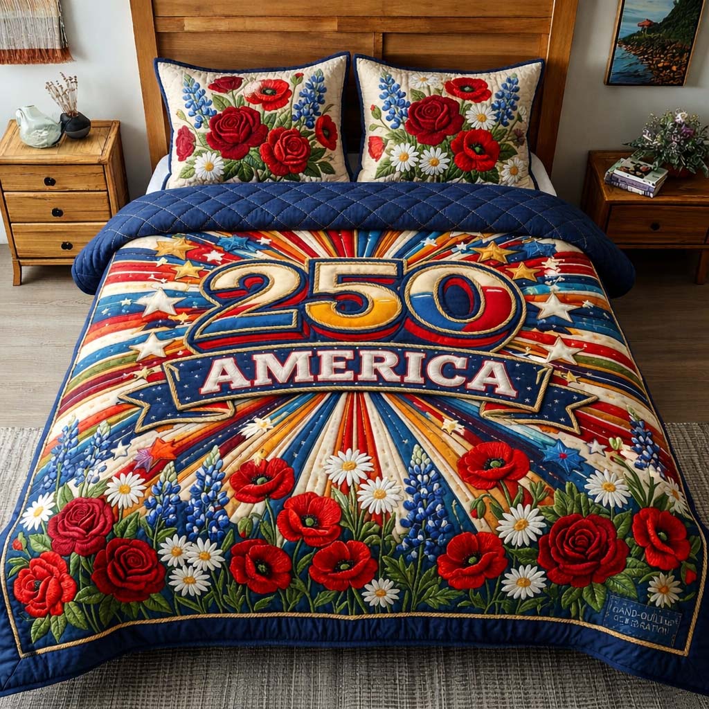 America 250 America Quilted Bedding Set Patriotic Flower Bedding Gift For New Homeowner - Tradiviet