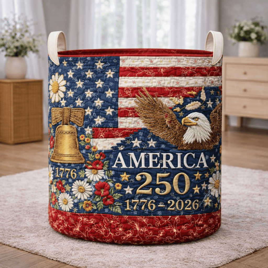 America 250 Bald Eagle Quilted Laundry Basket Patriotic USA Flag Hamper Gift for Mom - Tradiviet