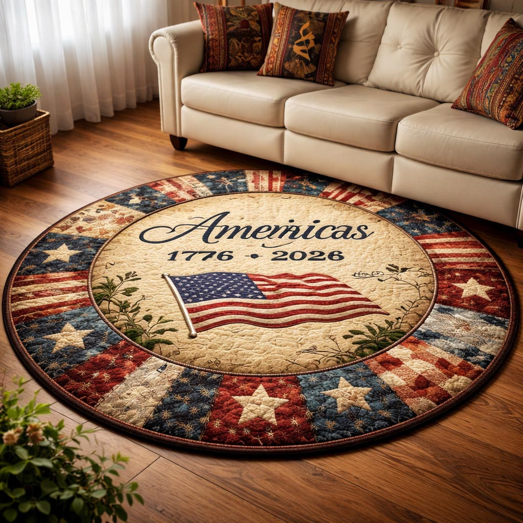 America 250 Quilted Round Mat Patriotic Stars Stripes Carpet USA Anniversary Decor - Tradiviet