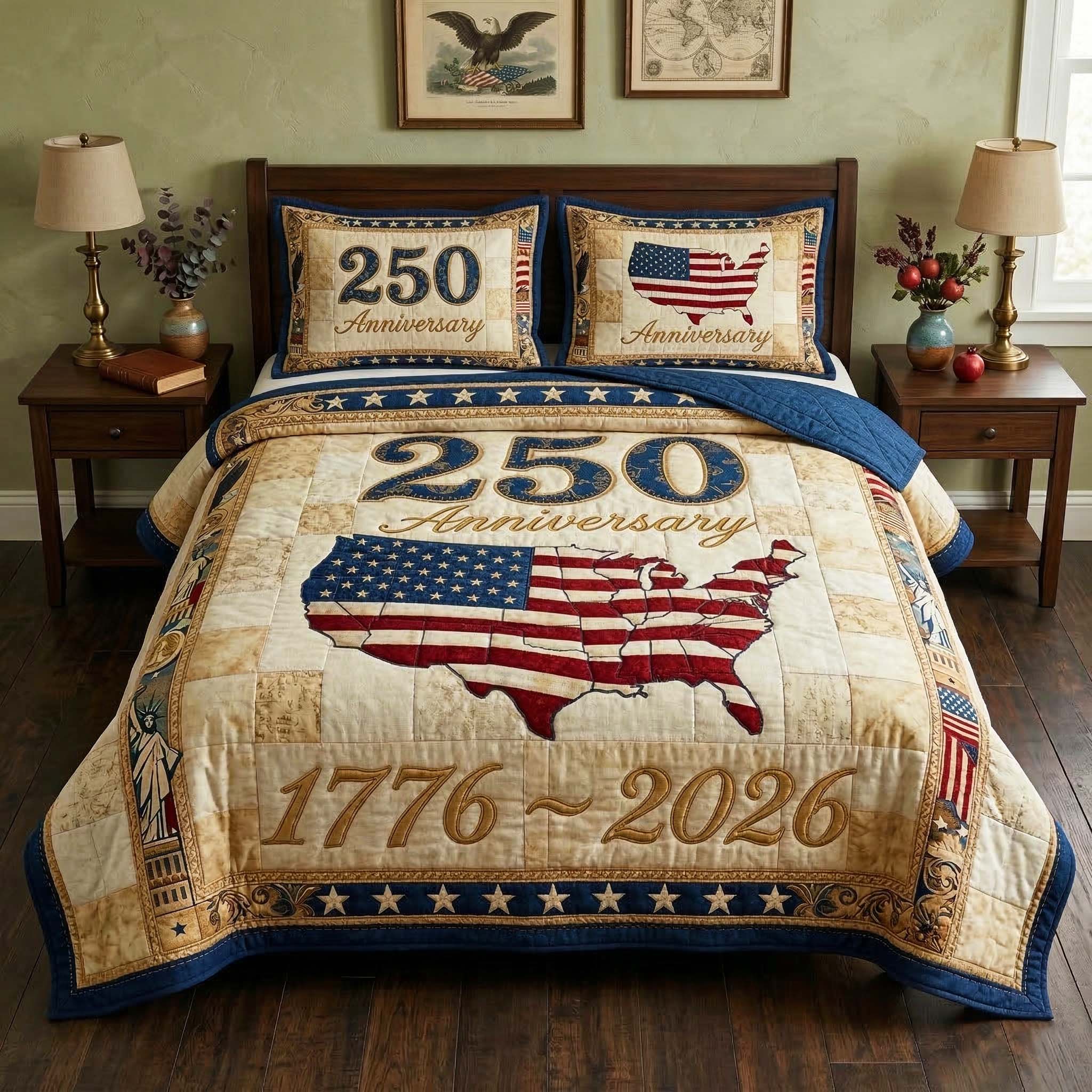 America Anniversary Quilted Bedding Set Holiday Bedroom Decorations Gift For Dad - Tradiviet