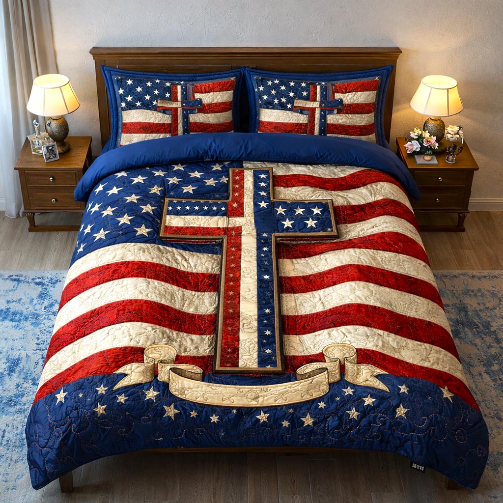 America Faith Cross Quilted Bedding Set Bedroom Ideas Decorations Gift For Him - Tradiviet
