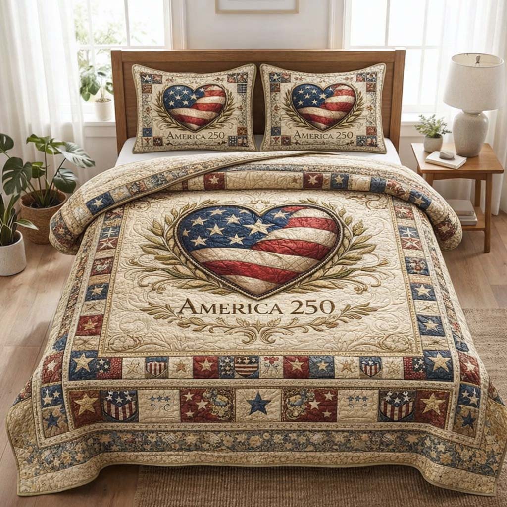 America Heart Flag Quilted Bedding Set Decorations For Bedroom Presents For Grandma - Tradiviet