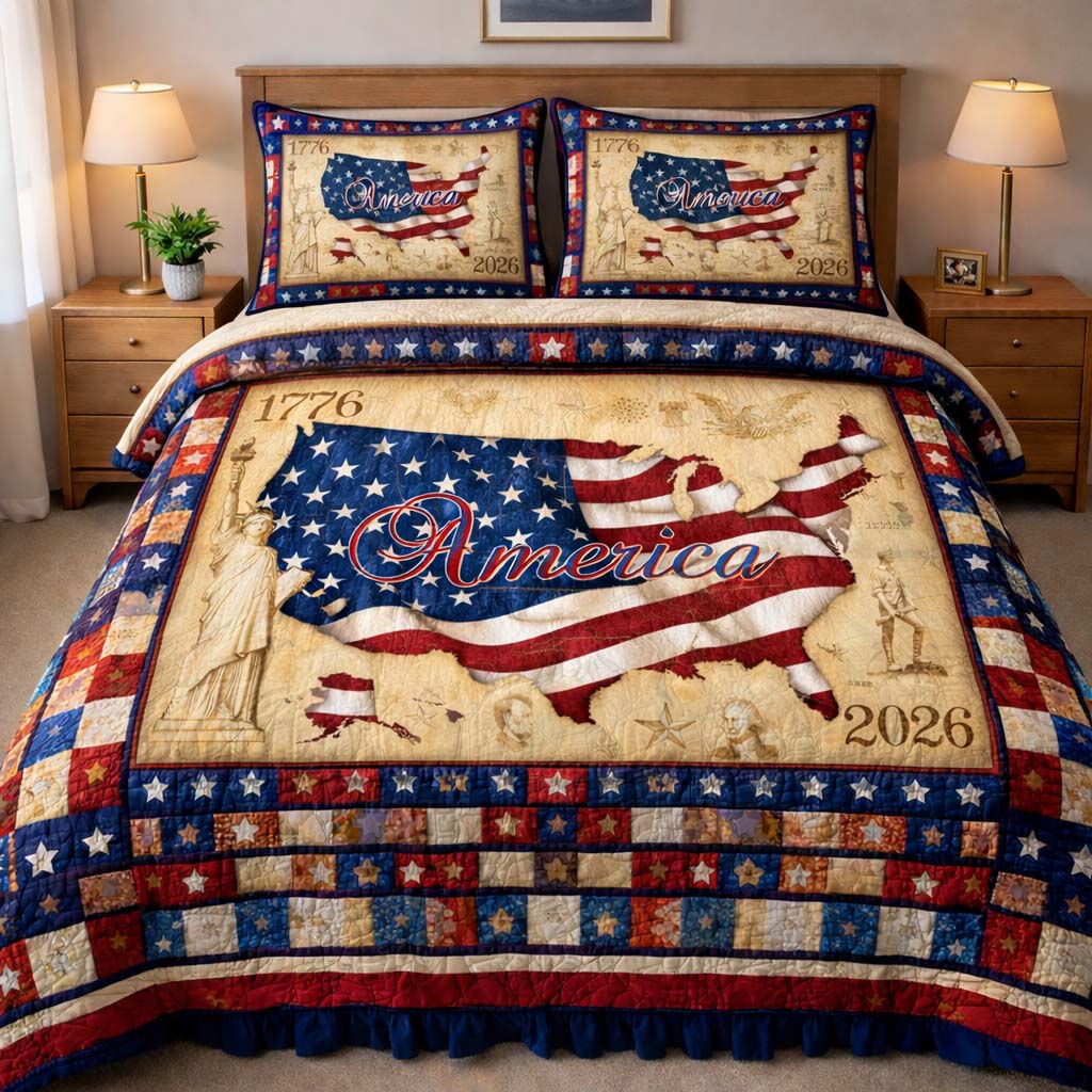 America Map American Flag Quilted Bedding Set Stars And Stripes Queen Bedding Set Gift For Women - Tradiviet