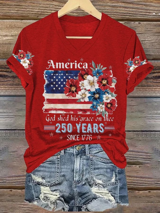 American 250th Anniversary Shirt V-Neck American Flag Floral Graphic Tribute Gift Ideas - Tradiviet - Image 3