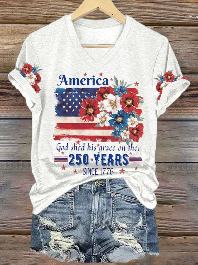 American 250th Anniversary Shirt V-Neck American Flag Floral Graphic Tribute Gift Ideas - Tradiviet - Image 2