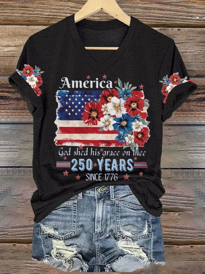 American 250th Anniversary Shirt V-Neck American Flag Floral Graphic Tribute Gift Ideas - Tradiviet