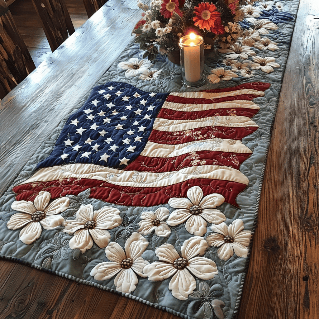 American Bloom Quilted Table Runner  Dining Table Runner Fourth Of July Birthday Gifts
