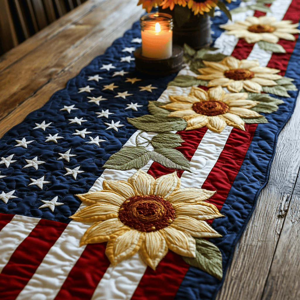 American Bloom Quilted Table Runner  Floral Runner Fourth Of July Birthday Gifts