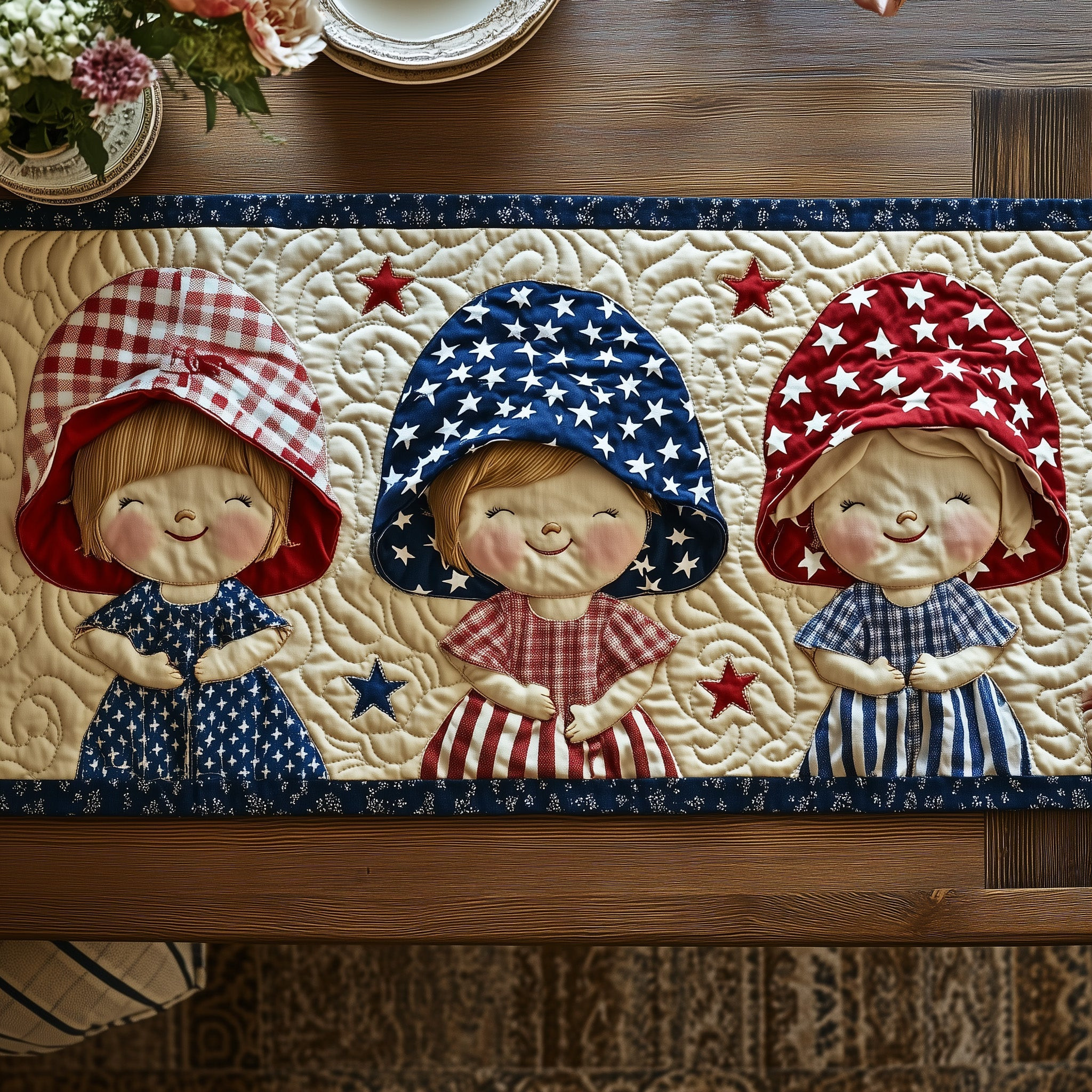 American Charm Sunbonnet Quilted Table Runner  Floral Runner 4Th Of July Themed Gifts