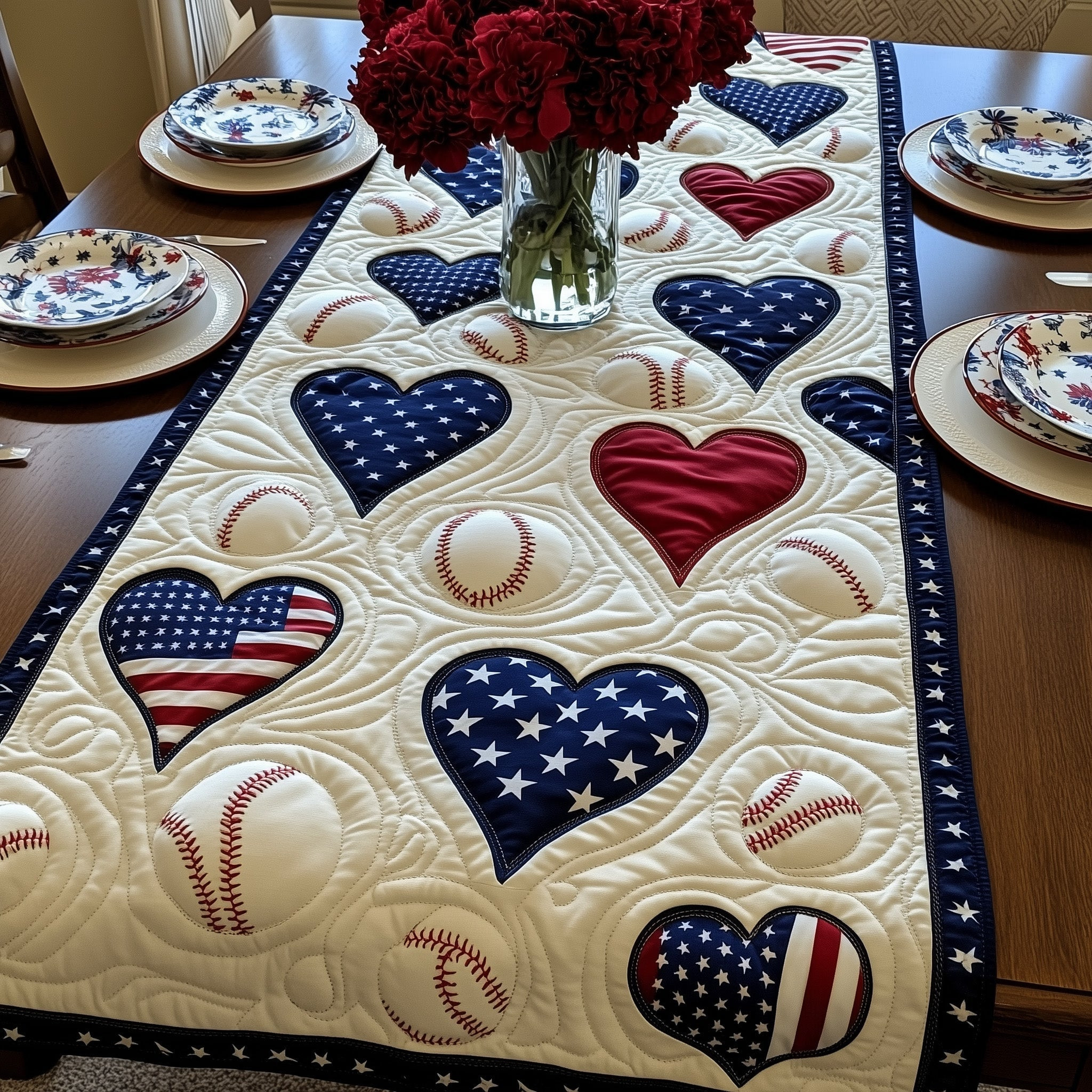 American Classic Baseball Quilted Table Runner  Floral Runner 4Th Of July Themed Gifts