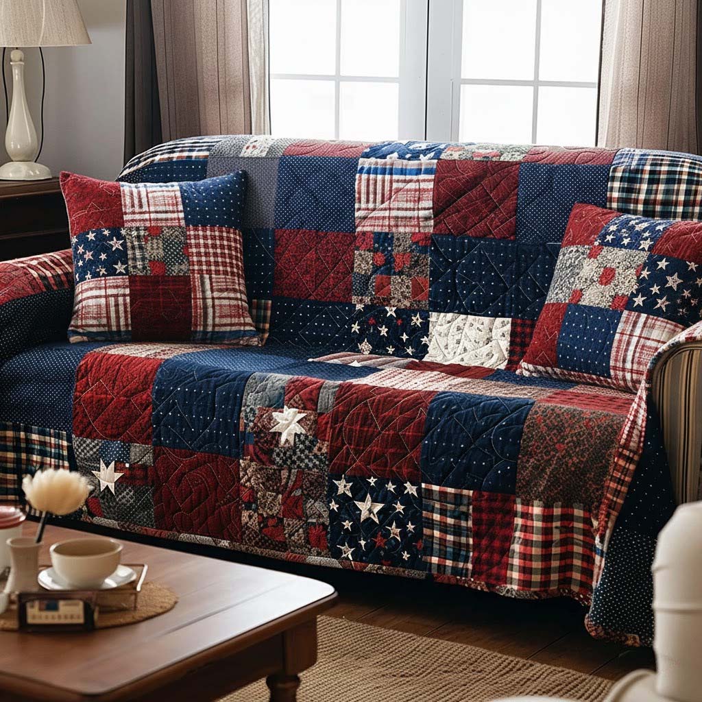 American Dream Quilted Sofa Cover Patriotic USA Theme Pattern Home Decor