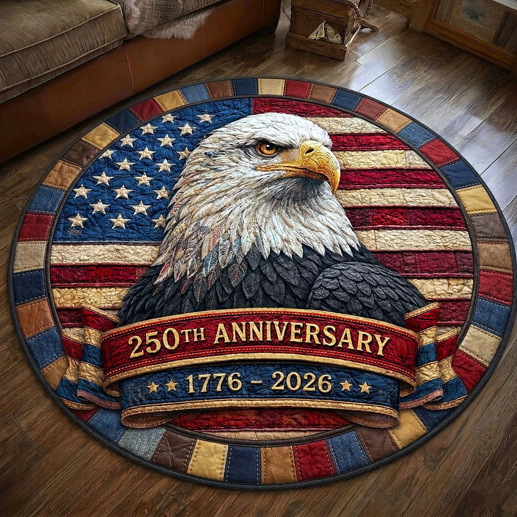 American Flag Bald Eagle Quilted Round Mat USA 250 Years Anniversary Floor Decor - Tradiviet