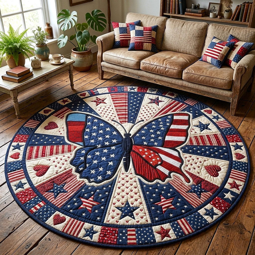 American Flag Patchwork Quilted Round Mat Bow Stars Rug USA 250 Years Patriotic Decor - Tradiviet