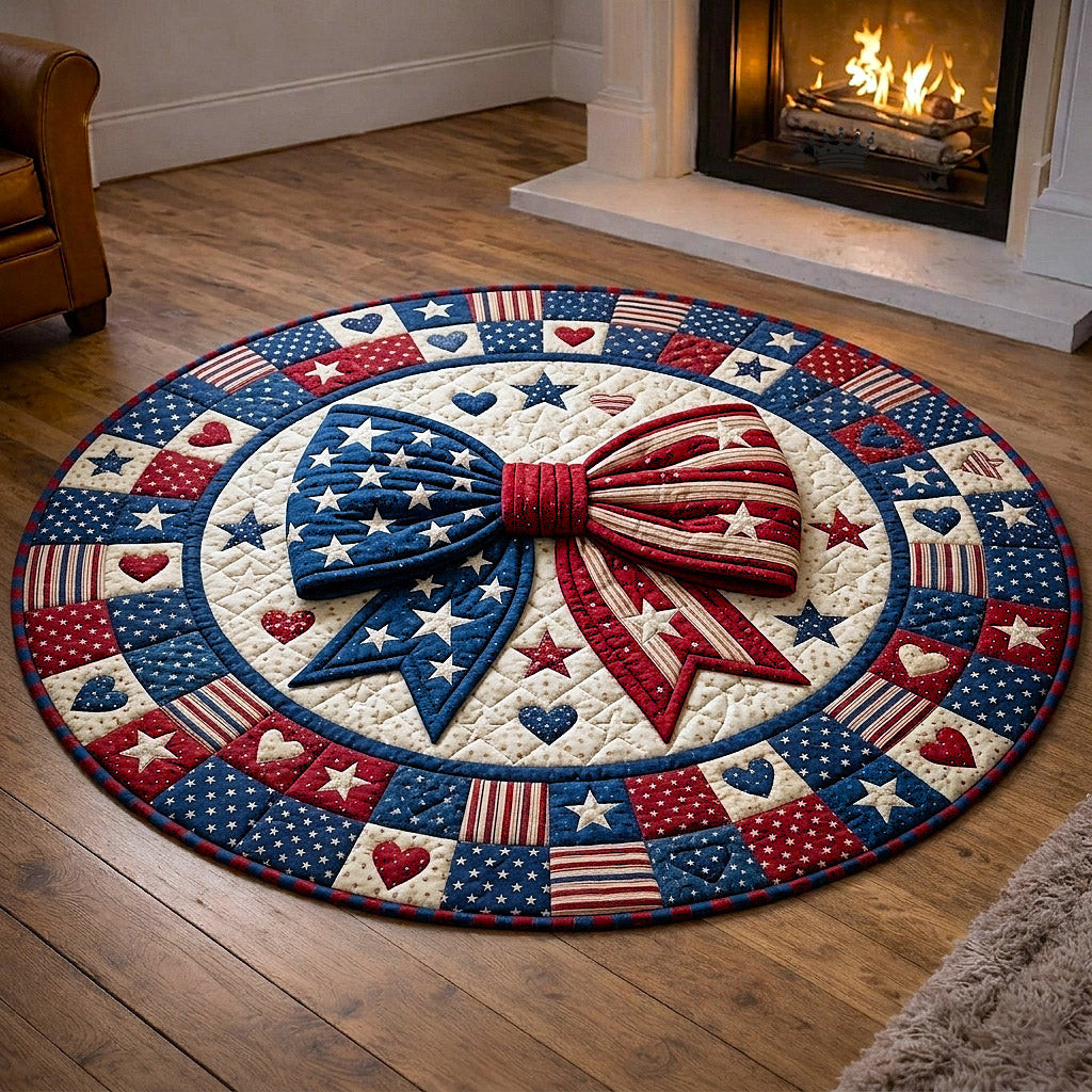 American Flag Ribbon Quilted Round Mat USA 250 Years Anniversary Decor Patriotic Floor Rug - Tradiviet