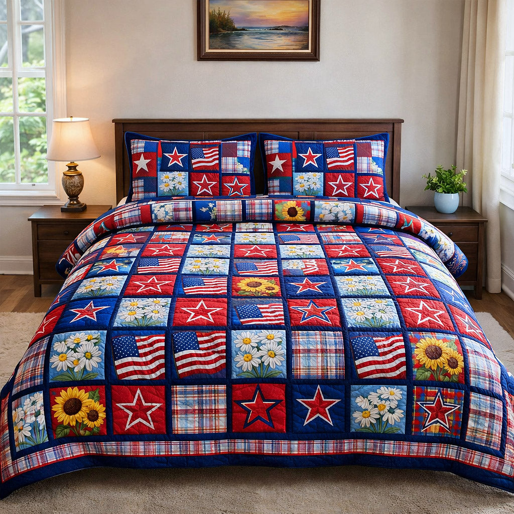 American Flag With Floral Quilted Bedding Set Room Decorations Gifts For Mom - Tradiviet