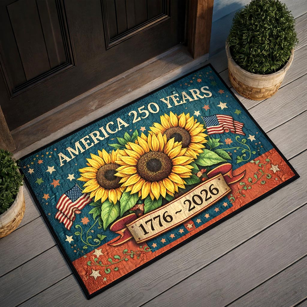 American Glory Sunflower Doormat Patriotic USA Flag Decor Independence Day Decor - Tradiviet