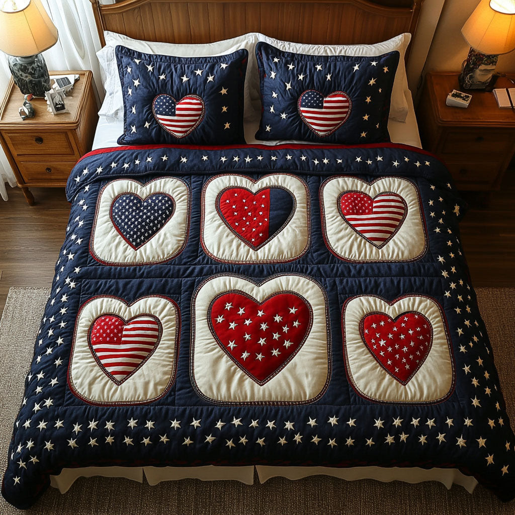 American Heartbeat  Quilted Bedding Set  Floral Duvet Cover 4Th Of July Gifts For Coworkers
