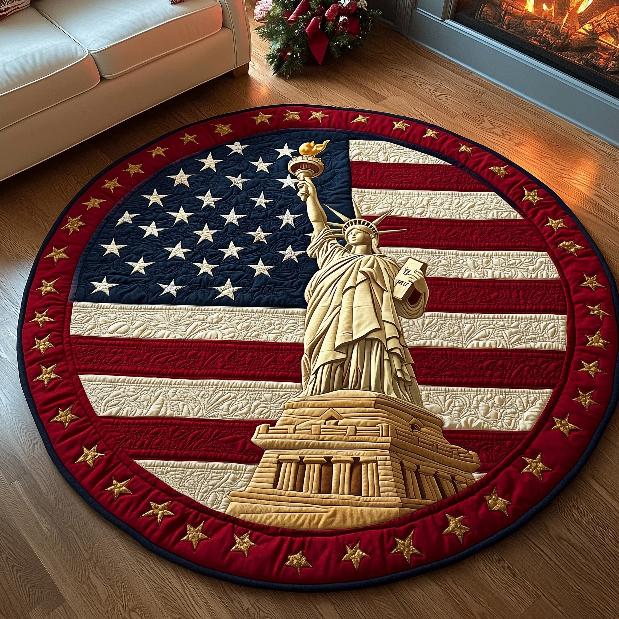 American Proud Statue Quilted Round Mat Patriotic Statue Of Liberty American Flag Decor - Tradiviet