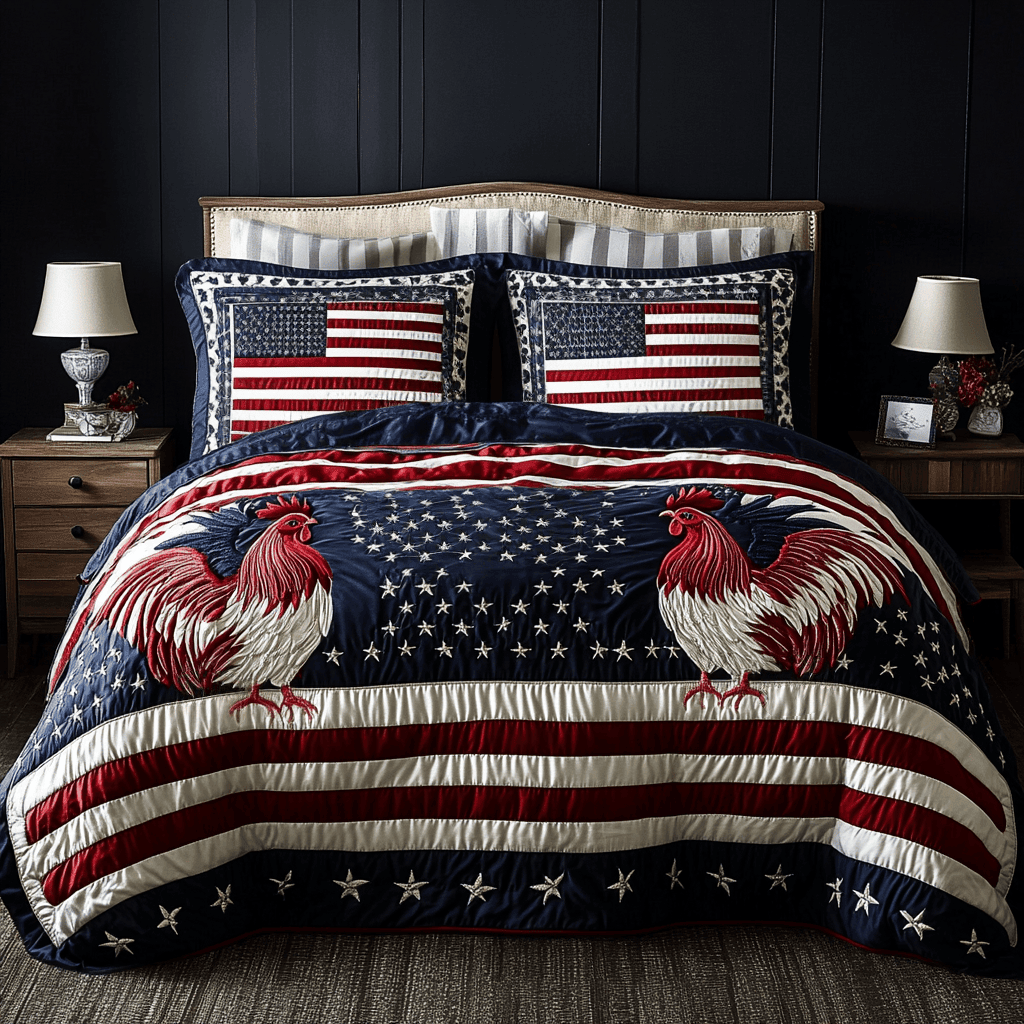American Rooster  Quilted Bedding Set  King Size Duvet Cover 4Th Of July Themed Gifts