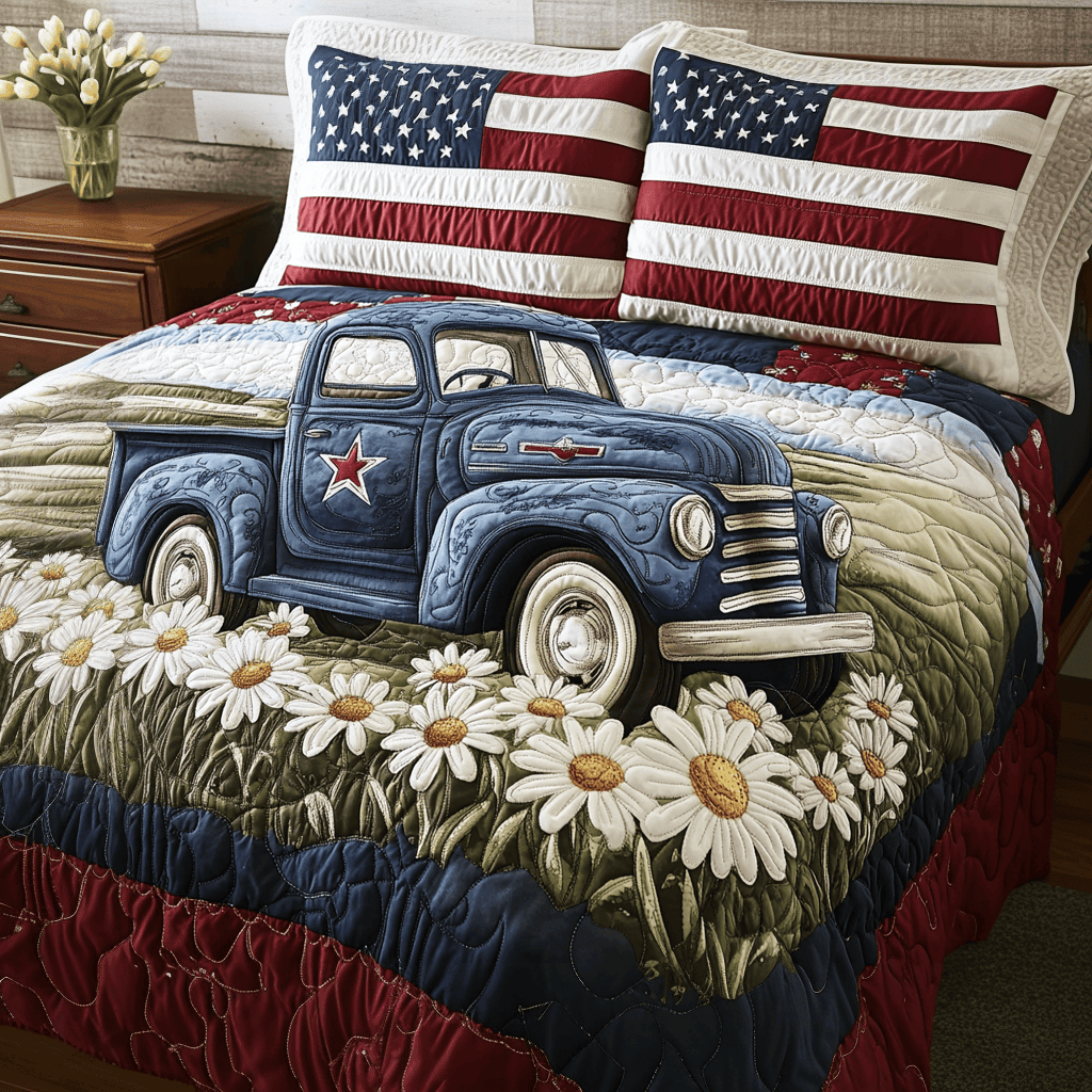 American Truck  Quilted Bedding Set  King Size Duvet Cover 4Th Of July Themed Gifts