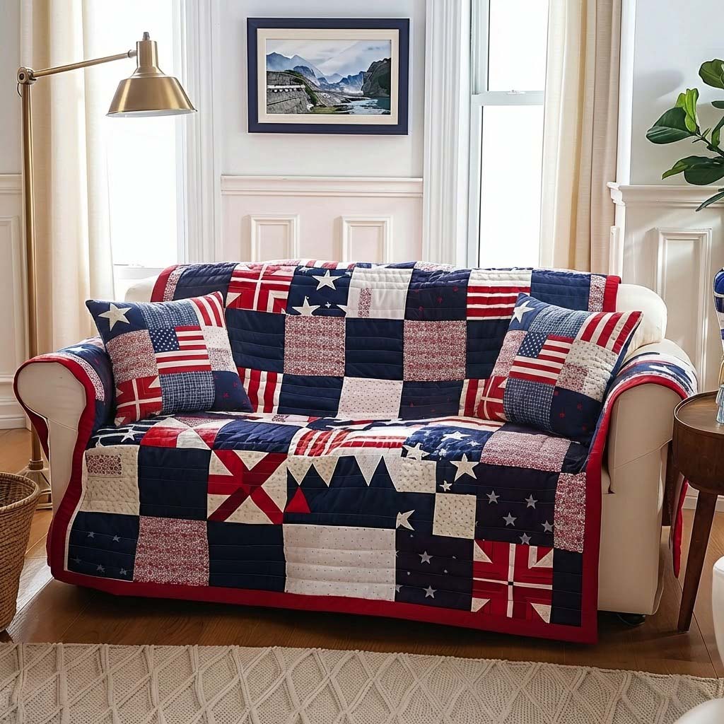 Americana Patchwork Quilted Sofa Cover Patriotic Patchwork Pattern Gift For Veterans