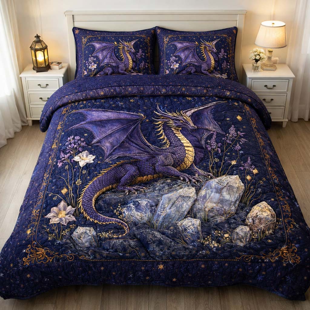 Amethyst Night Dragon Quilted Bedding Set Bohemian Bedroom Furniture Dragon Presents For Men - Tradiviet