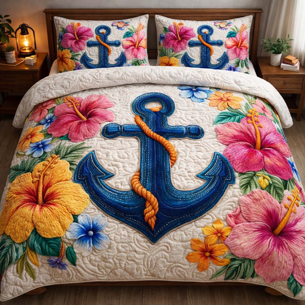 Anchor And Flowers USA Flag Quilted Bedding Set Nautical Tropical Bedding Gift For Mom - Tradiviet