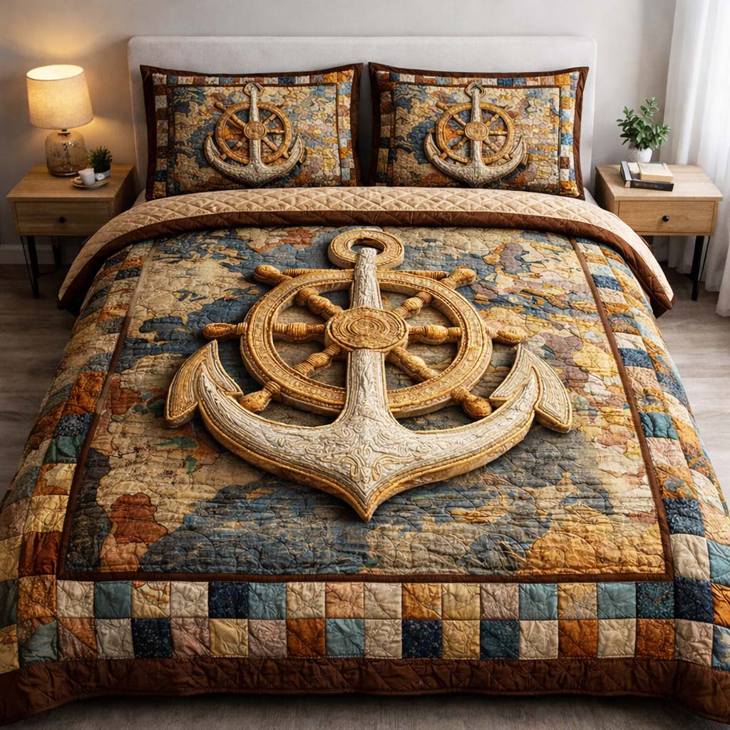 Anchor And Ship Wheel US Flag Quilted Bedding Set Nautical Map Theme Quilt Set Gift For Him - Tradiviet