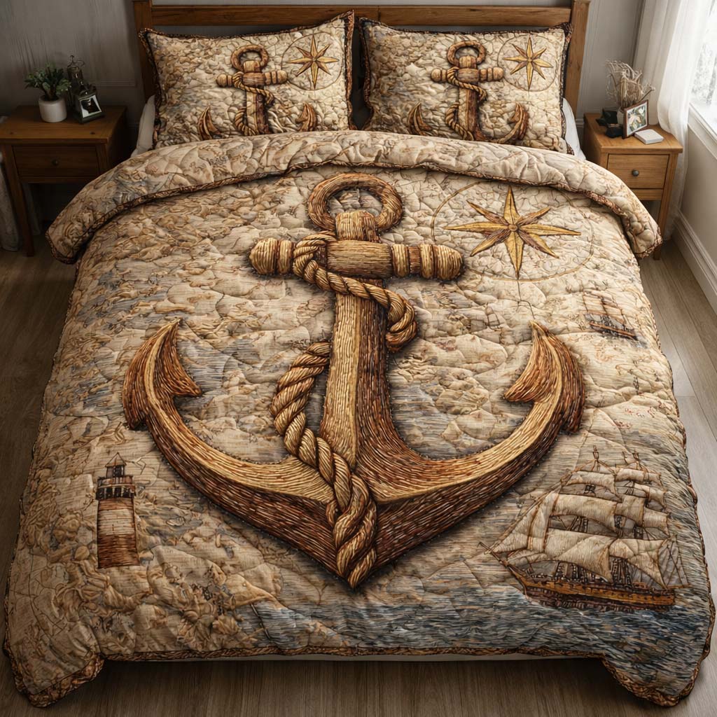 Anchor Compass Ship USA Flag Quilted Bedding Set Old Map Bedding Gift For History Lovers - Tradiviet