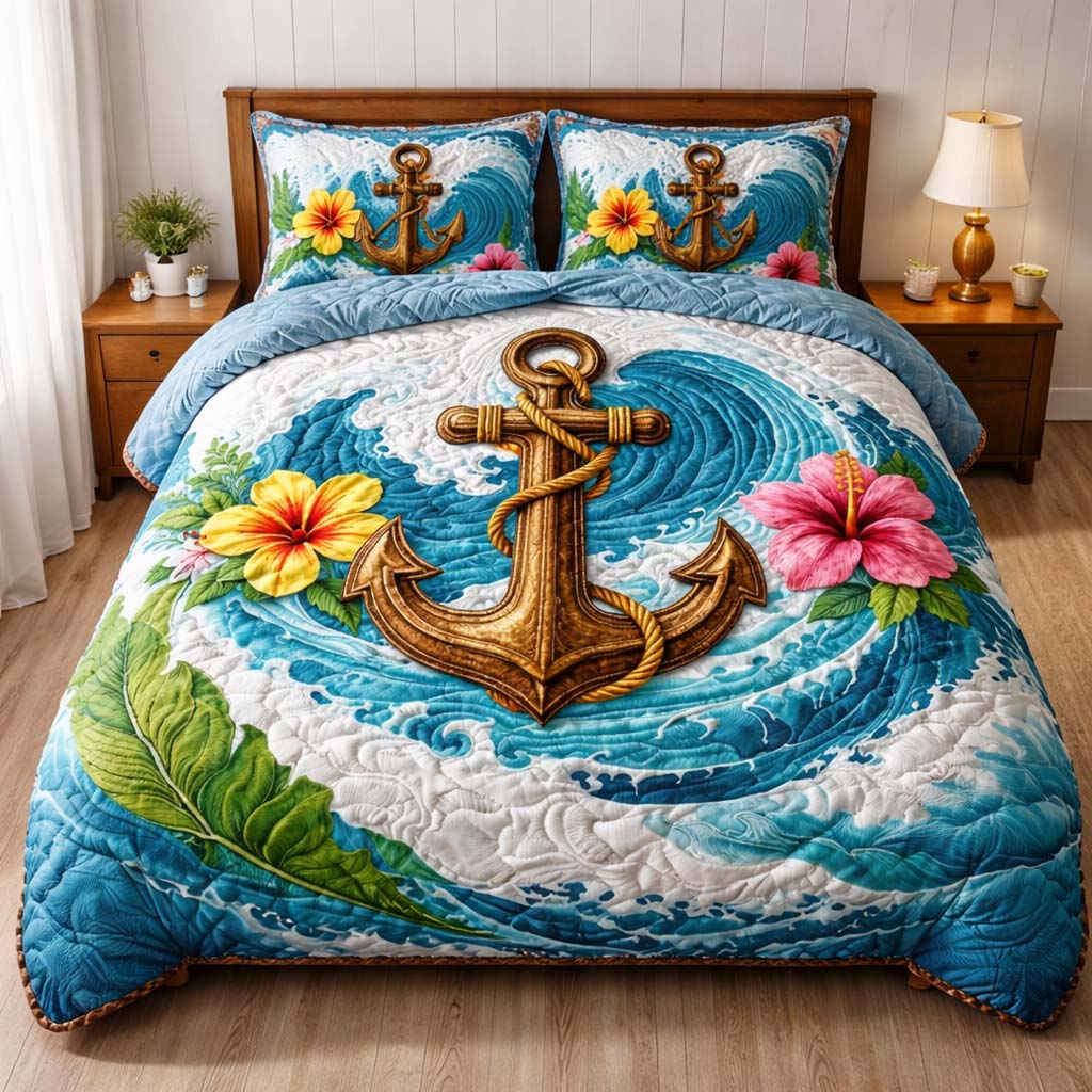 Anchor Flowers Waves Quilted Bedding Set Nautical Theme Patchwork Bedding Gift For Teacher - Tradiviet