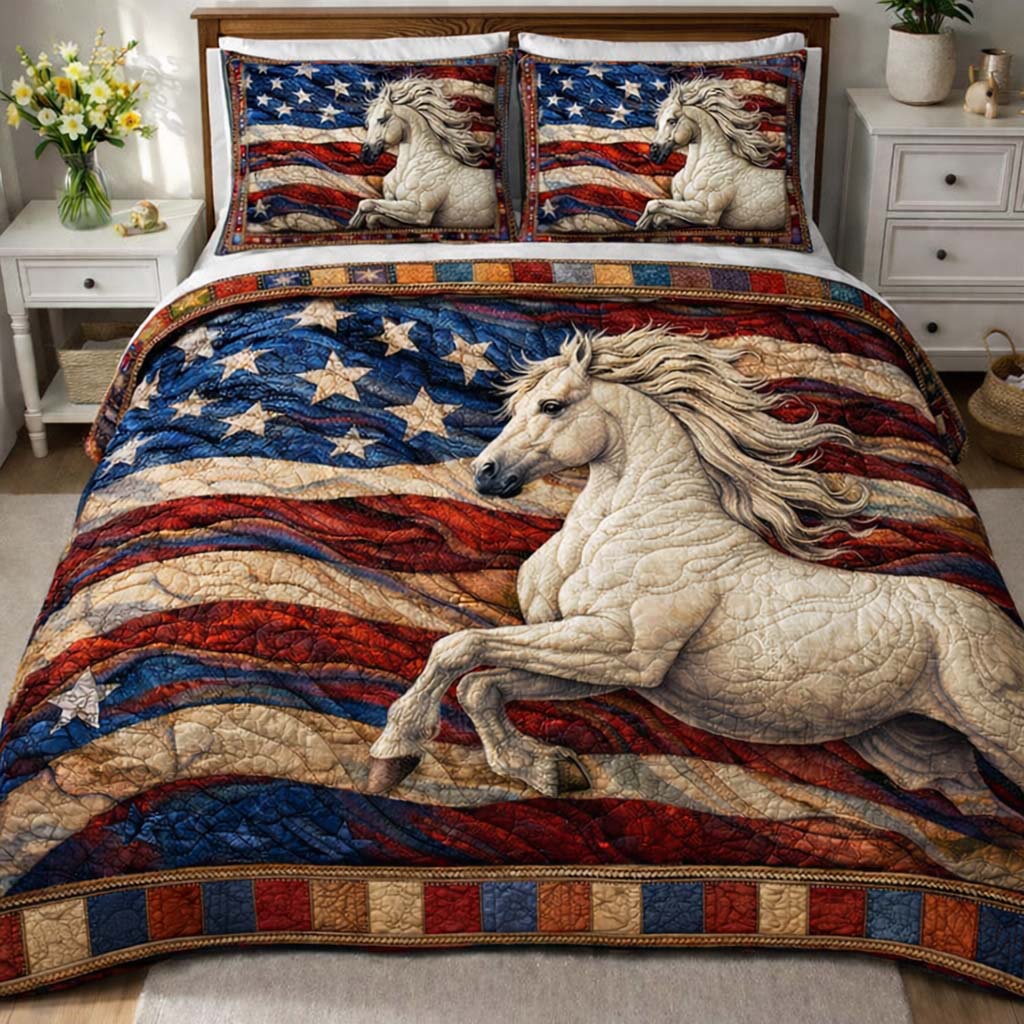 Animal Horse USA Flag Quilted Bedding Set Freedom 1776 Rustic Bedding Mothers Day Gifts For Wife - Tradiviet