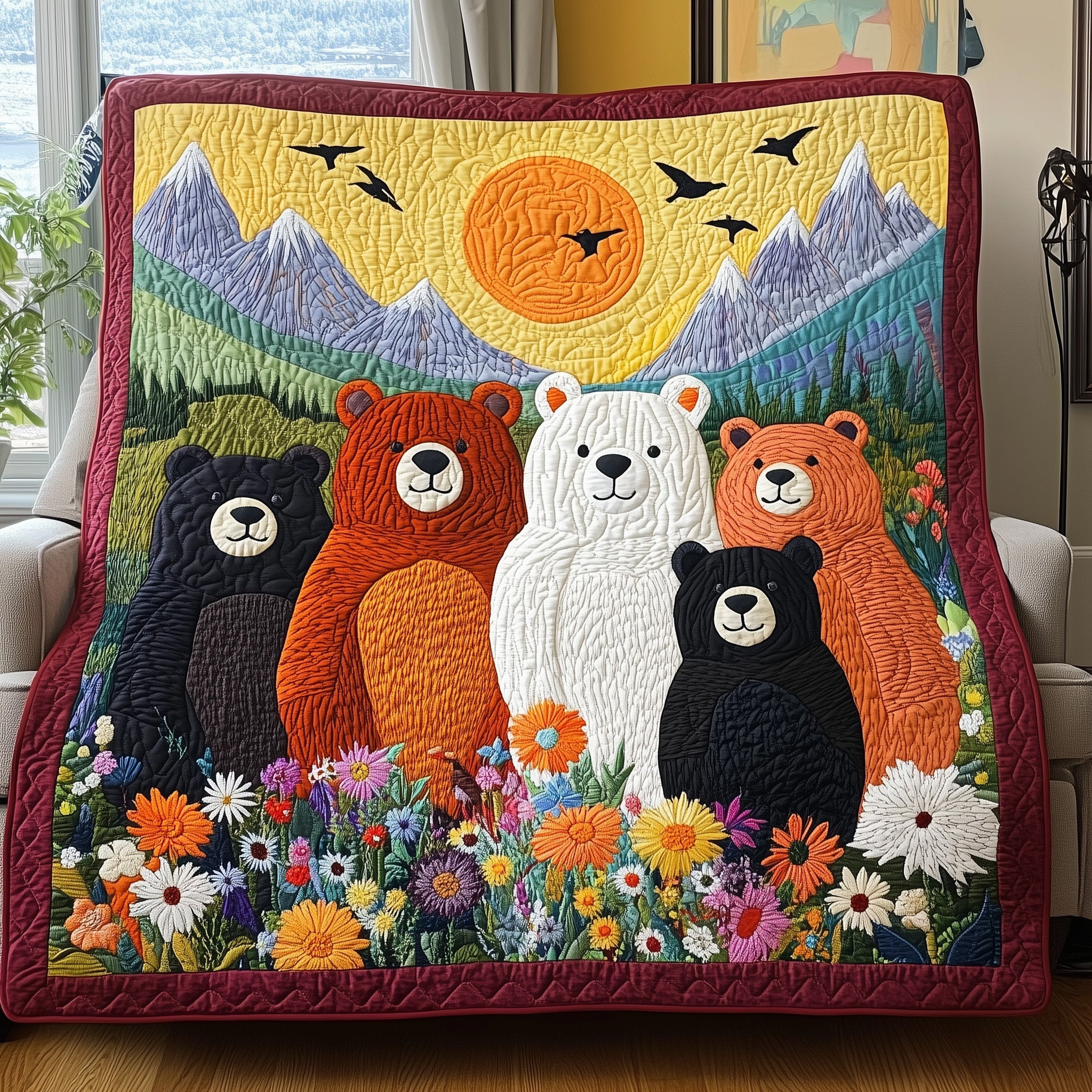 Animals Bears Flowers Quilt Blanket Family In Nature Throw Gift For Daughter - Tradiviet
