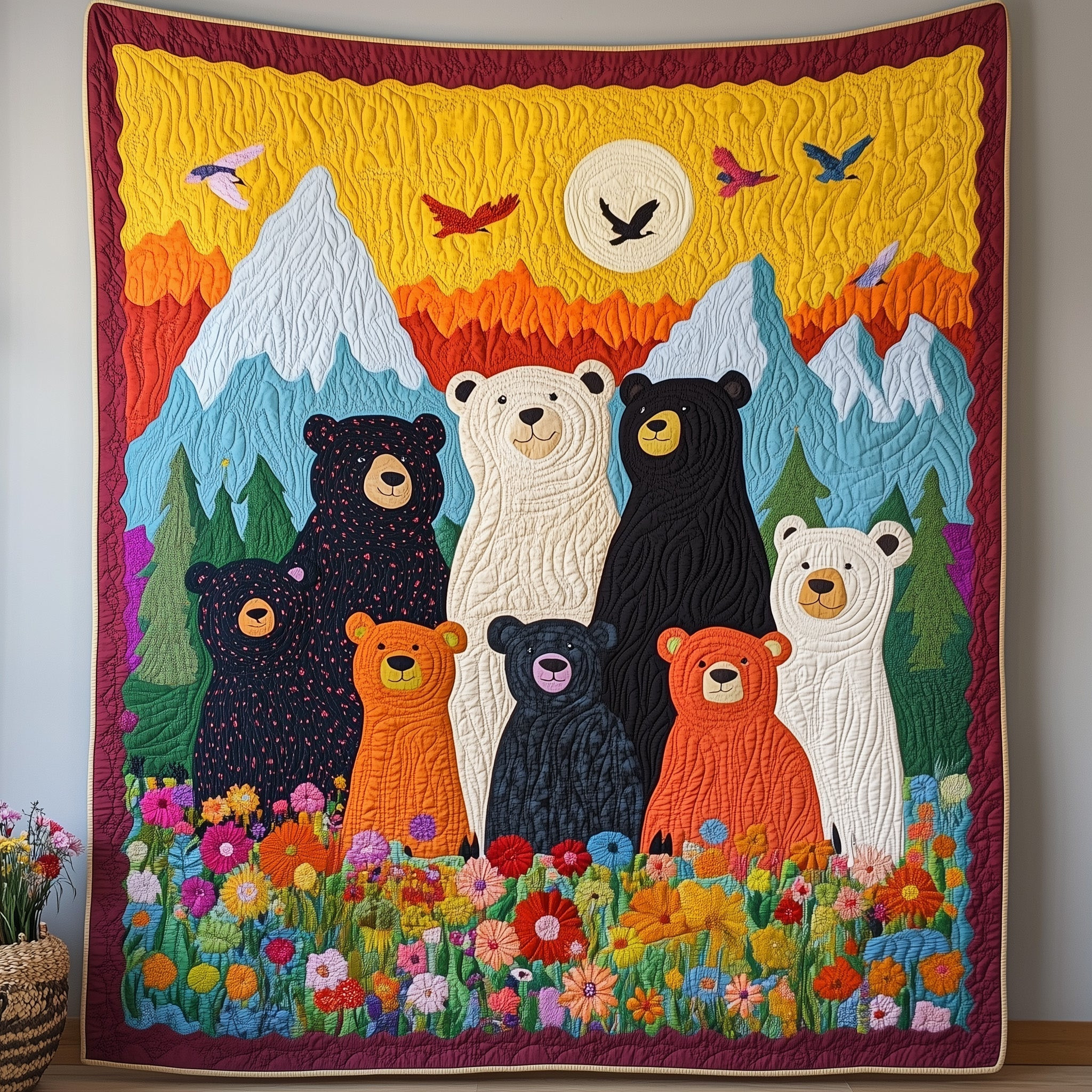Animals Bears Flowers Quilt Blanket Family In Nature Throw Gift For Mom - Tradiviet