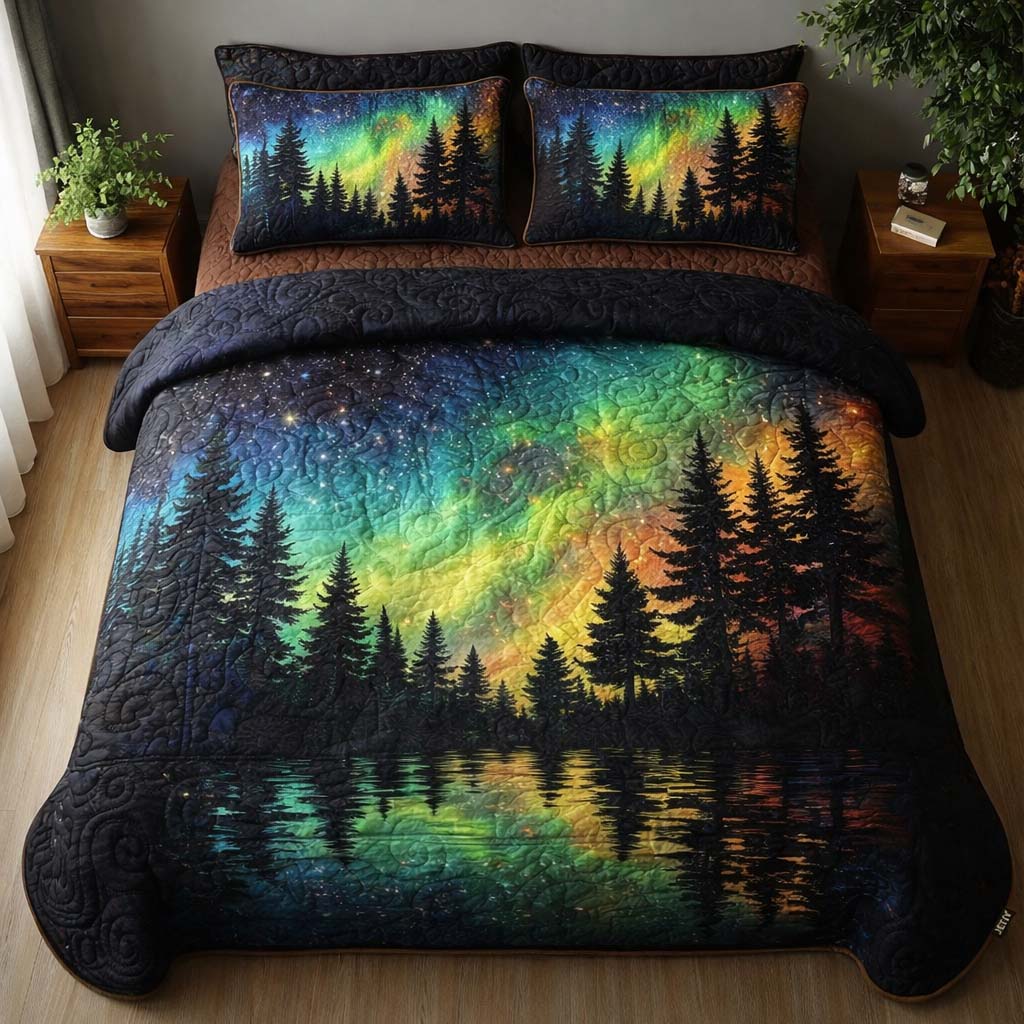 Aurora Pine Lake Quilted Bedding Set Room Decoration Items Gift For Outdoor Enthusiasts - Tradiviet