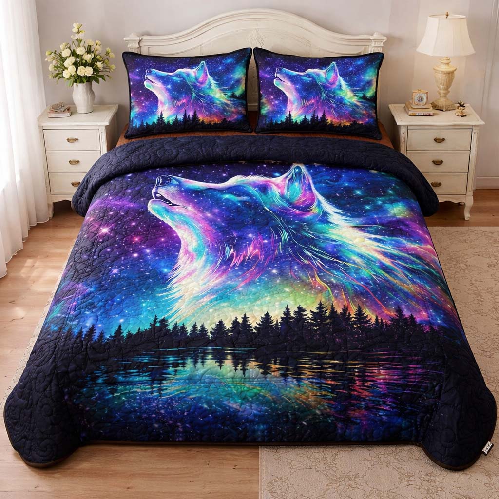 Aurora Wolf Howl Quilted Bedding Set Holiday Decorations Unique Gifts For Wolf Lovers - Tradiviet