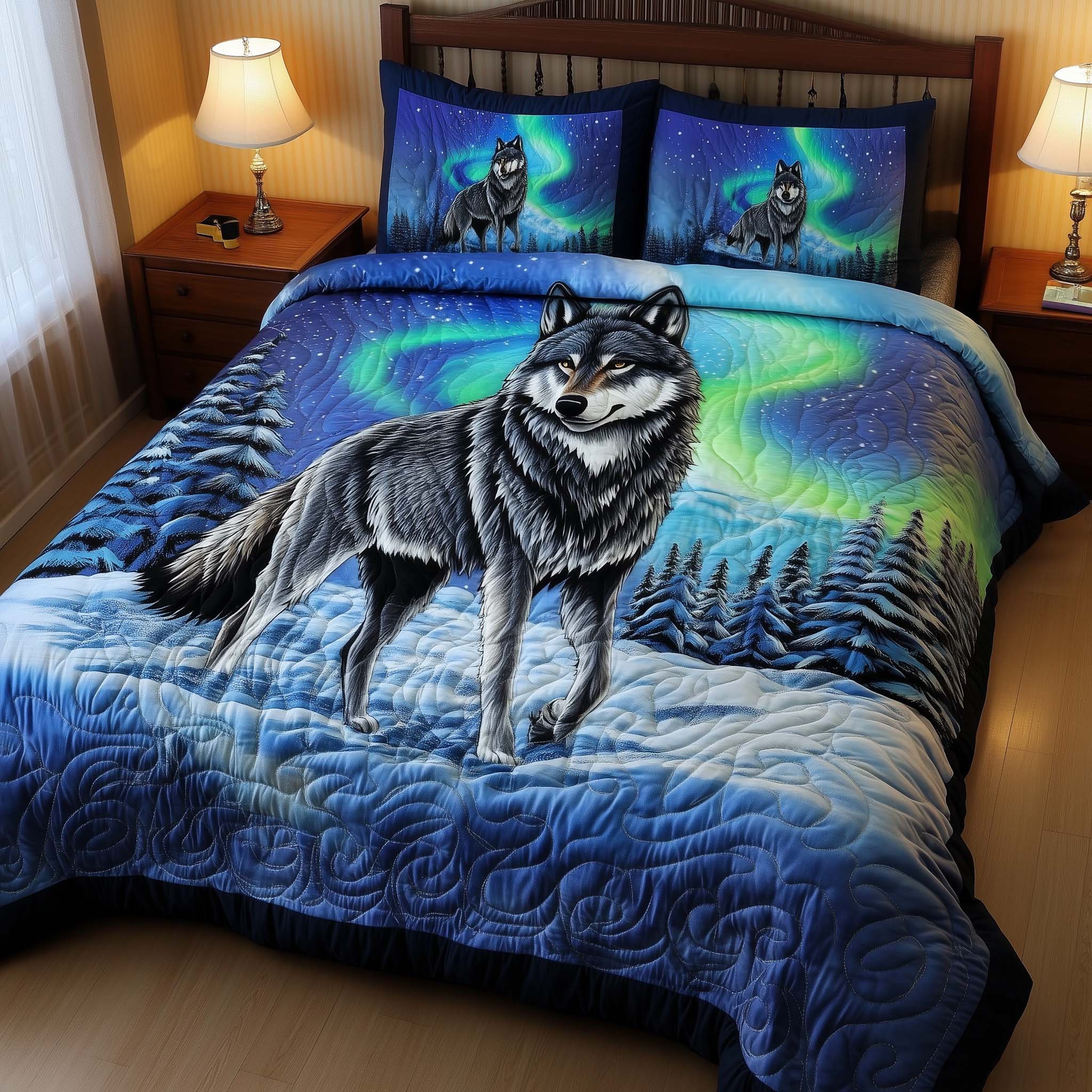 Aurora Wolf Quilted Bedding Set Bohemian Bedroom Furniture Unique Gifts For Wolf Lovers - Tradiviet