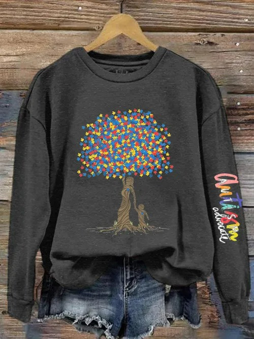 Autism Awareness Tree Sweatshirt Puzzle Pieces Family Tree Support Merch Gift For Autism - Tradiviet - Image 5