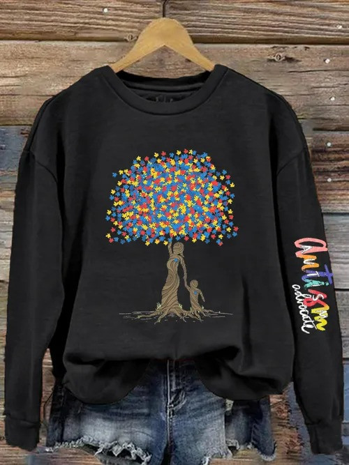 Autism Awareness Tree Sweatshirt Puzzle Pieces Family Tree Support Merch Gift For Autism - Tradiviet - Image 2