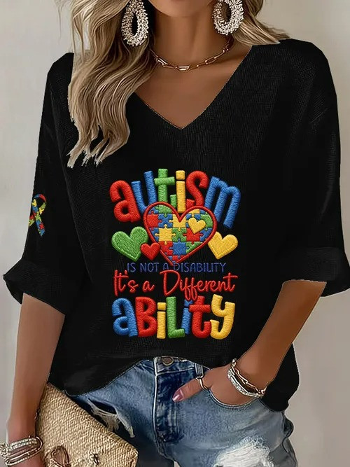 Autism Is Not A Disability V-Neck Long Sleeve Shirt Puzzle Heart Merch Gift For Autism Awareness - Tradiviet - Image 2