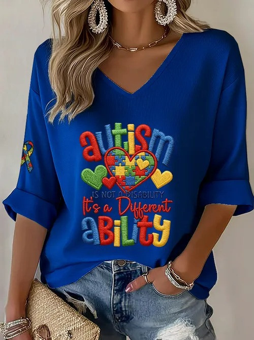 Autism Is Not A Disability V-Neck Long Sleeve Shirt Puzzle Heart Merch Gift For Autism Awareness - Tradiviet