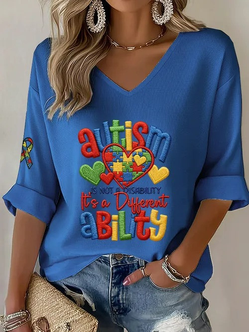 Autism Is Not A Disability V-Neck Long Sleeve Shirt Puzzle Heart Merch Gift For Autism Awareness - Tradiviet - Image 5