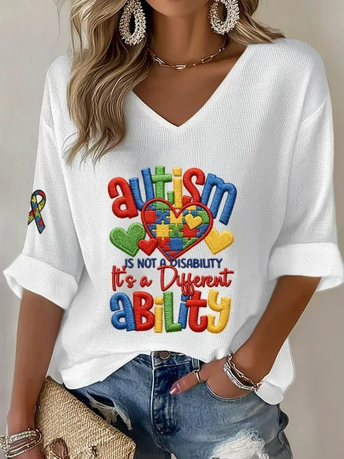 Autism Is Not A Disability V-Neck Long Sleeve Shirt Puzzle Heart Merch Gift For Autism Awareness - Tradiviet - Image 3