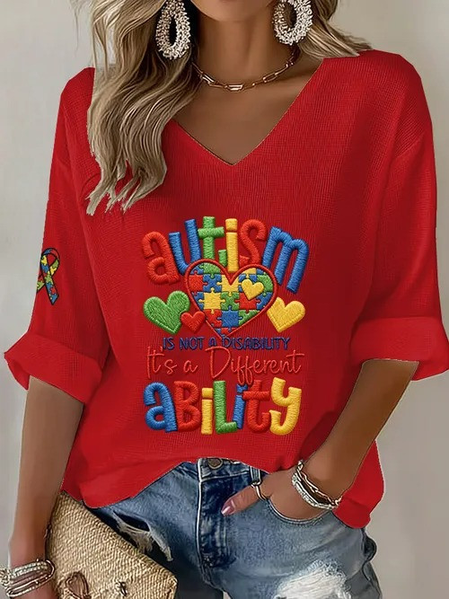 Autism Is Not A Disability V-Neck Long Sleeve Shirt Puzzle Heart Merch Gift For Autism Awareness - Tradiviet - Image 4