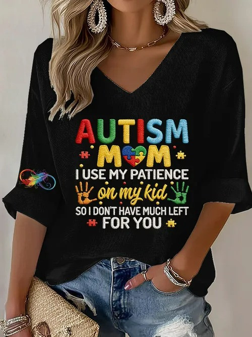 Autism Mom V-Neck Long Sleeve Shirt Colorful Puzzle Pieces Autism Awareness Gift For Autism Moms - Tradiviet - Image 2