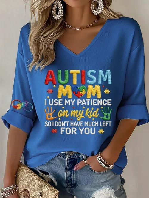 Autism Mom V-Neck Long Sleeve Shirt Colorful Puzzle Pieces Autism Awareness Gift For Autism Moms - Tradiviet - Image 5