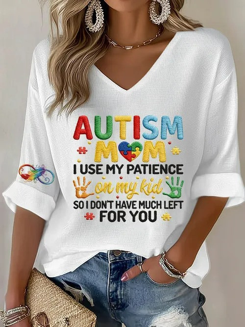 Autism Mom V-Neck Long Sleeve Shirt Colorful Puzzle Pieces Autism Awareness Gift For Autism Moms - Tradiviet - Image 3