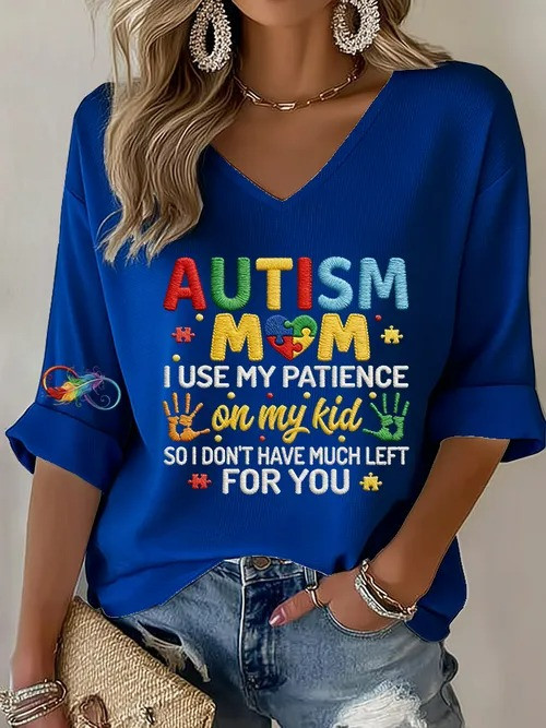 Autism Mom V-Neck Long Sleeve Shirt Colorful Puzzle Pieces Autism Awareness Gift For Autism Moms - Tradiviet