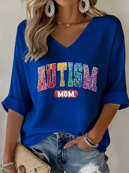 Autism Mom V-Neck Long Sleeve Shirt Rainbow Glitter Autism Support Gift For Proud Autism Moms - Tradiviet